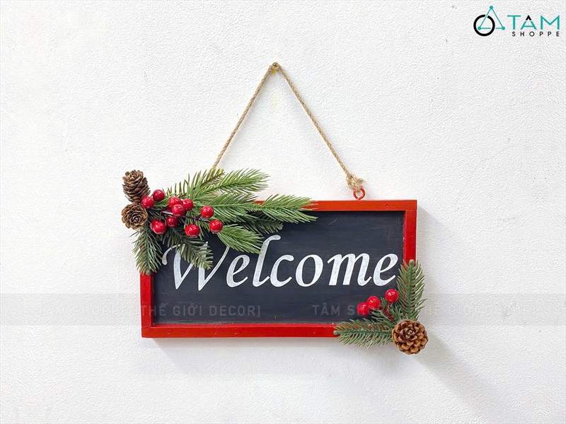 Bảng treo cửa giáng sinh Welcome viền Đỏ [Bằng gỗ] BANGTREO-NOEL-01